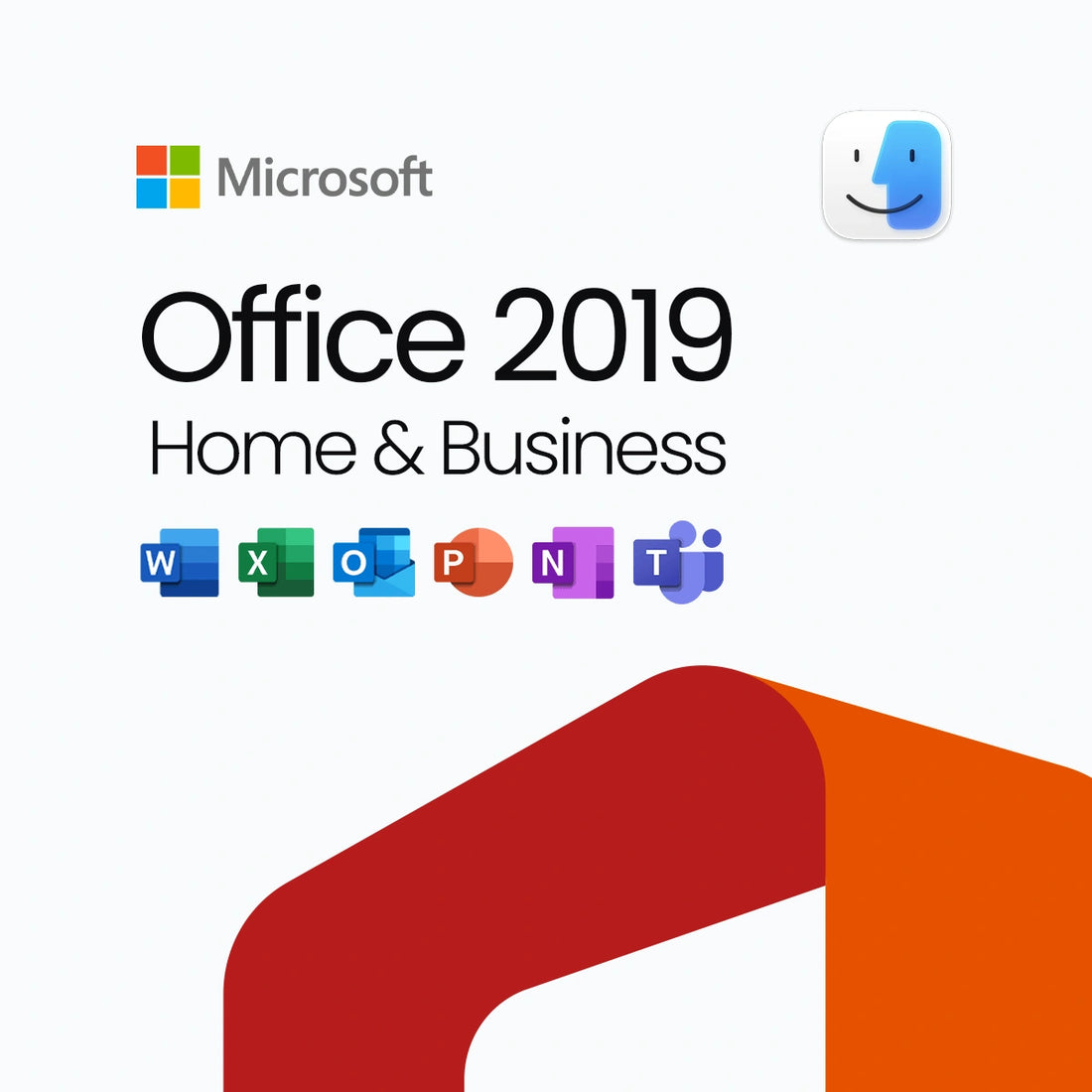 Microsoft Office 2019 Home & Business packaging with logos of Microsoft products.
