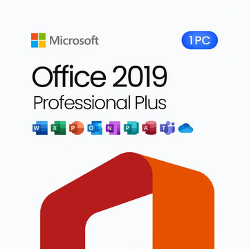 Microsoft Office 2019 Professional Plus software package with icons and Microsoft logo on a white background.