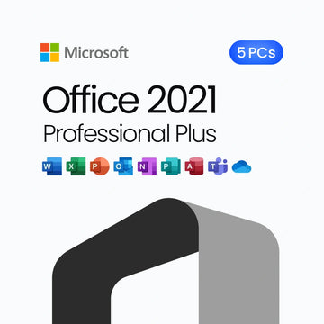 Microsoft Office 2021 Professional Plus package with icons for various applications on a white background.