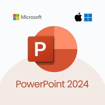 Microsoft PowerPoint logo with Microsoft and Apple logos on a white background