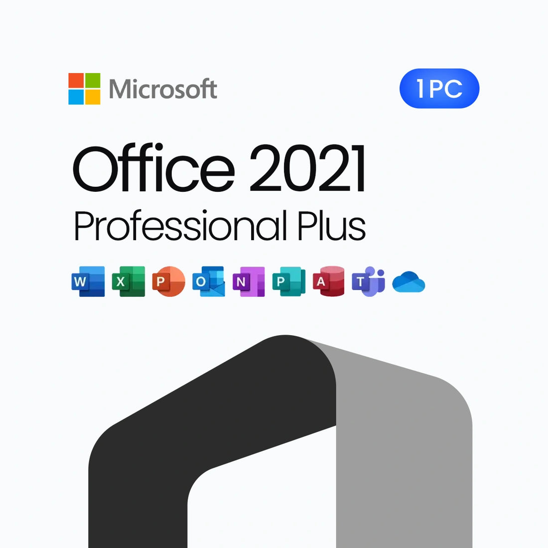 Microsoft Office 2021 Professional Plus software package with icons and Microsoft logo on a white background.