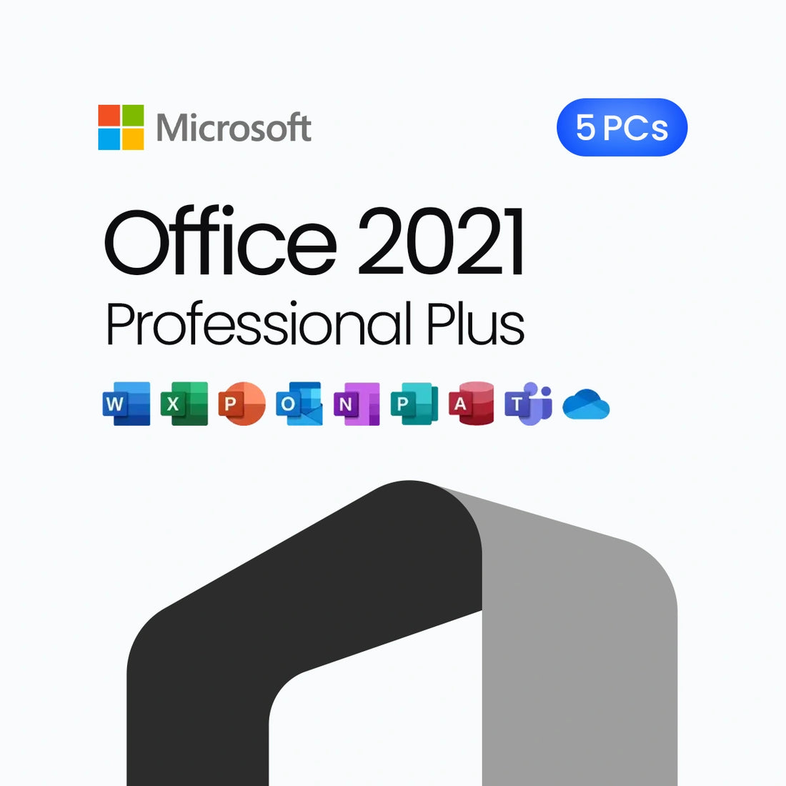 Microsoft Office 2021 Professional Plus package with icons for various applications on a white background.