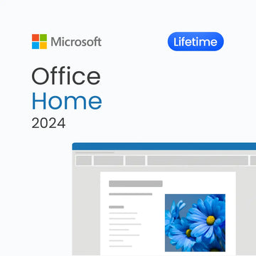 Microsoft Office Home 2024 packaging with a computer screen displaying a blue flower image.