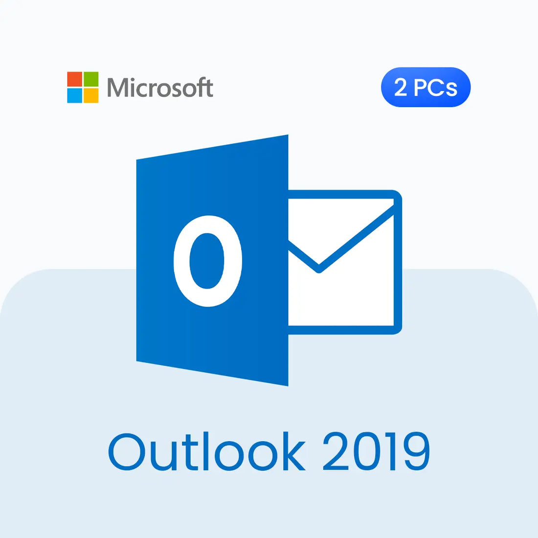 Microsoft Outlook 2019 logo with two PC icons on a light blue background