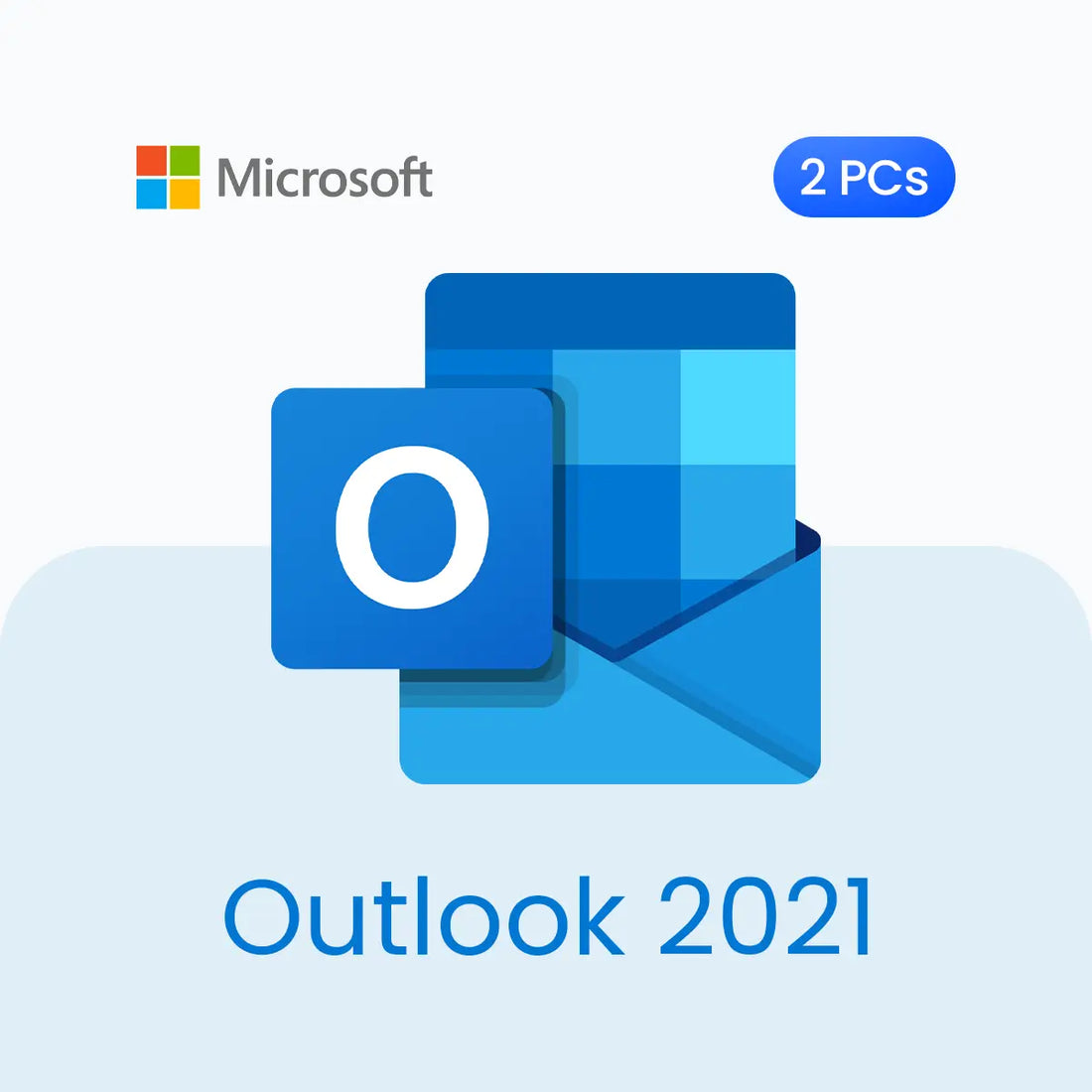 Microsoft Outlook 2021 software package with two PC licenses on a light blue background.