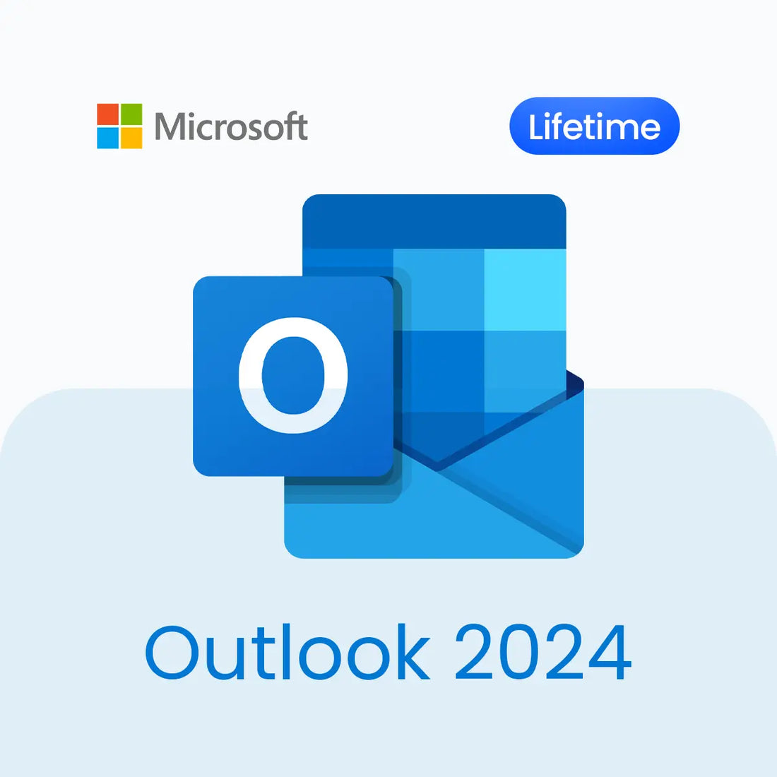 Microsoft Outlook 2024 logo with a blue envelope and 'Lifetime' label on a light blue background.