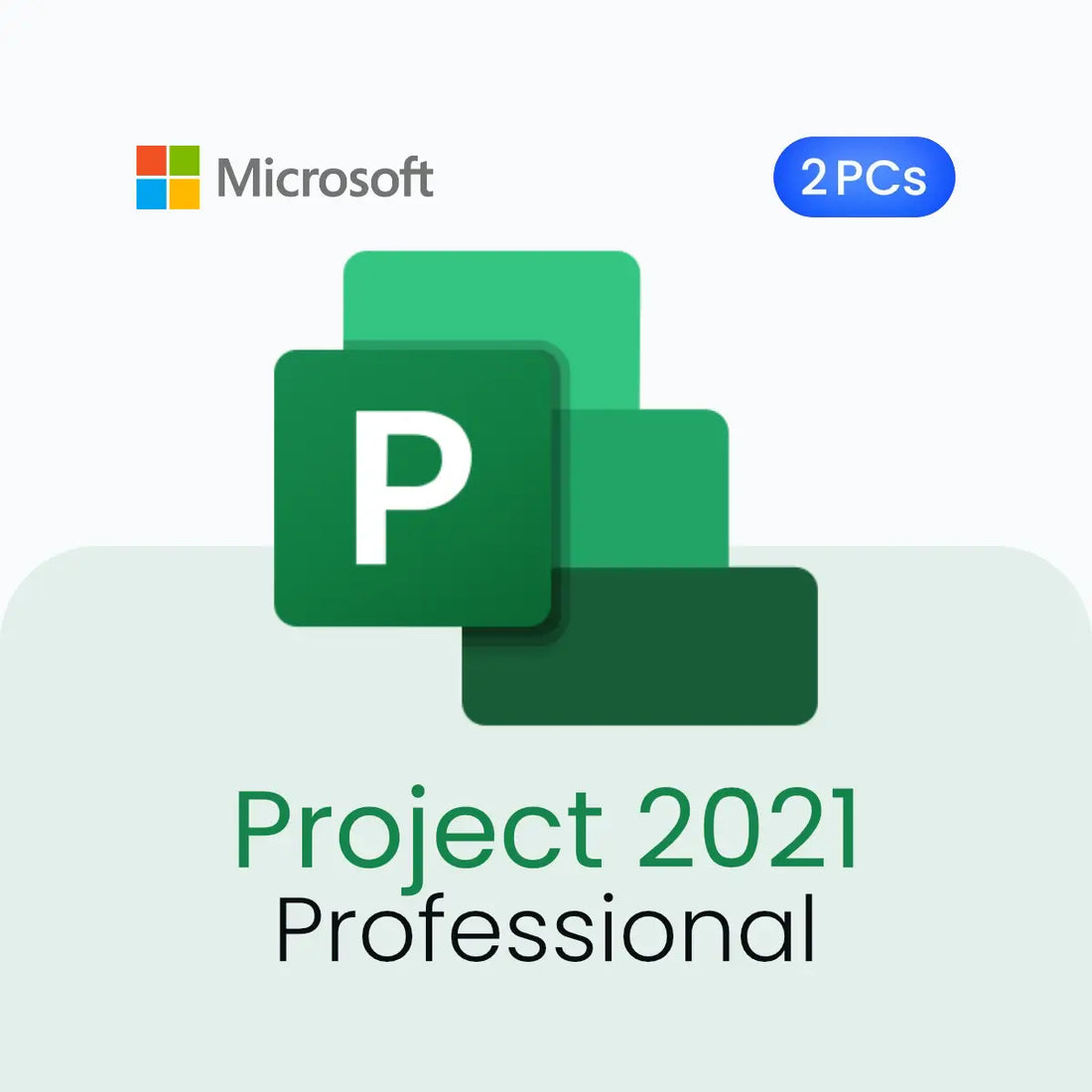 Microsoft Project 2021 Professional software package with two PC licenses on a light gray background.