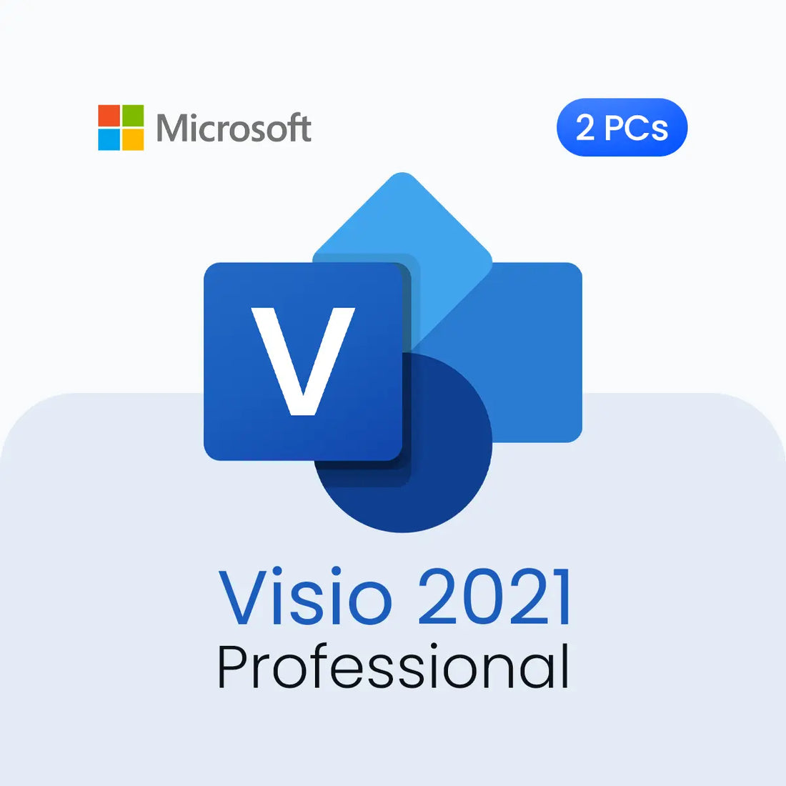Microsoft Visio 2021 Professional software package with two PC licenses on a light blue background.