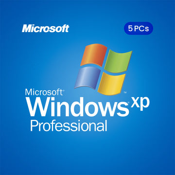 Microsoft Windows XP Professional logo on a blue background with '5 PCs' text.
