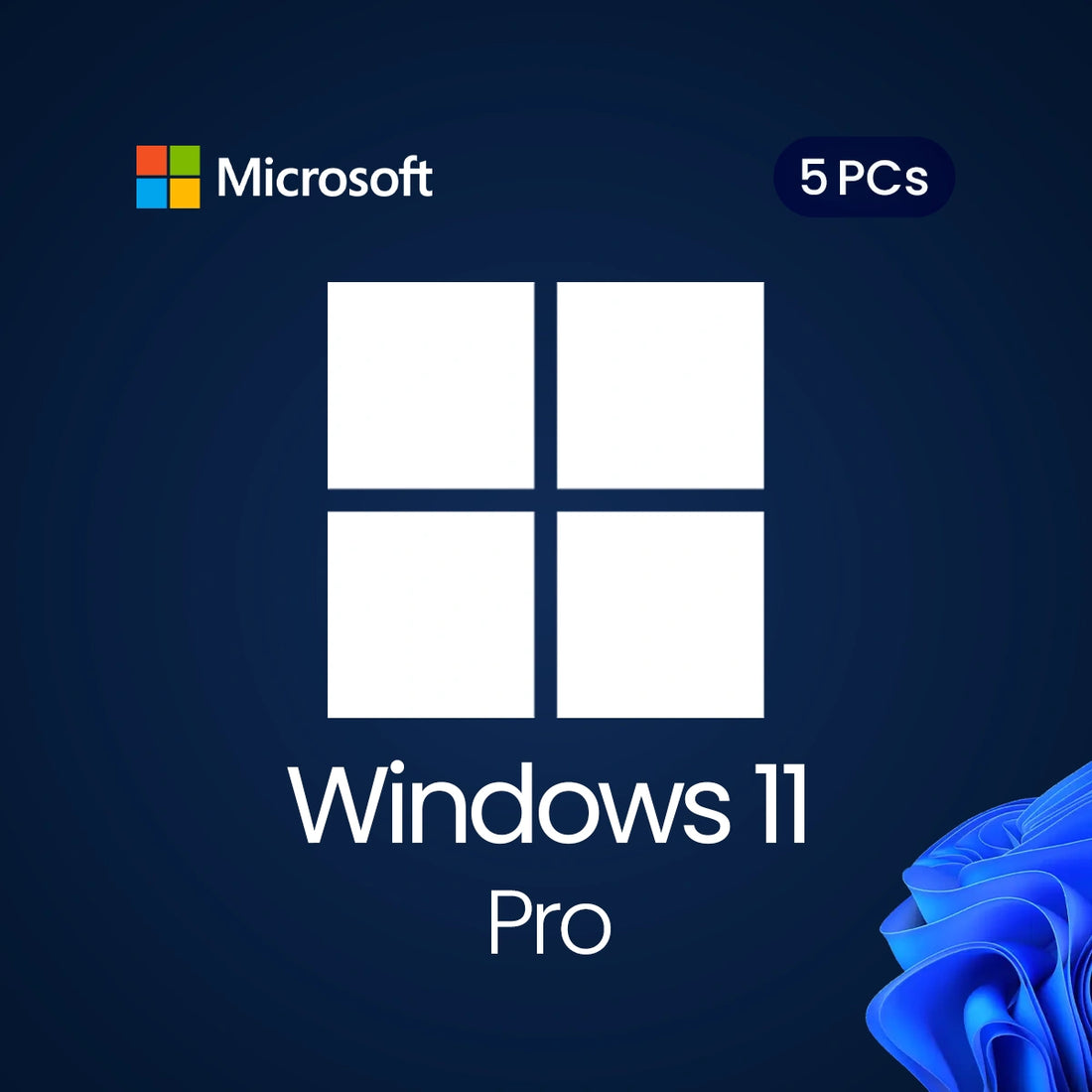 Microsoft Windows 11 Pro license for 5 PCs on a dark blue background