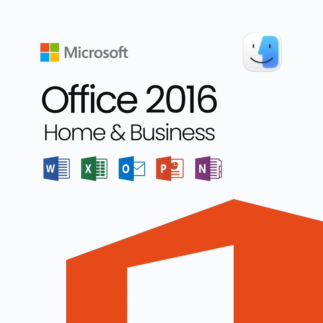 Microsoft Office 2016 Home & Business packaging with logos and icons on a white background