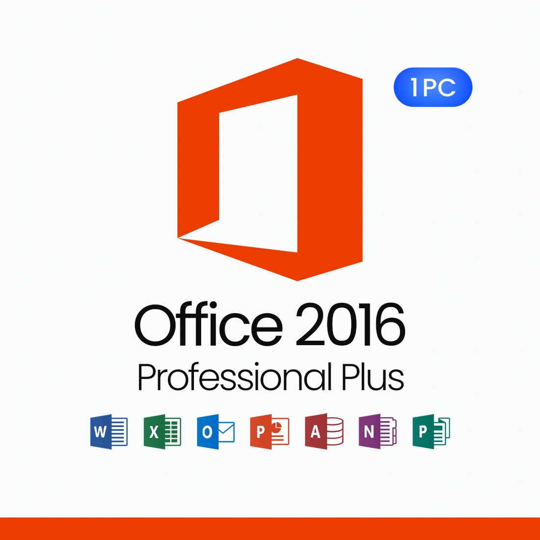 Microsoft Office 2016 Professional Plus logo with icons for Word, Excel, Outlook, PowerPoint, and more on a white background.