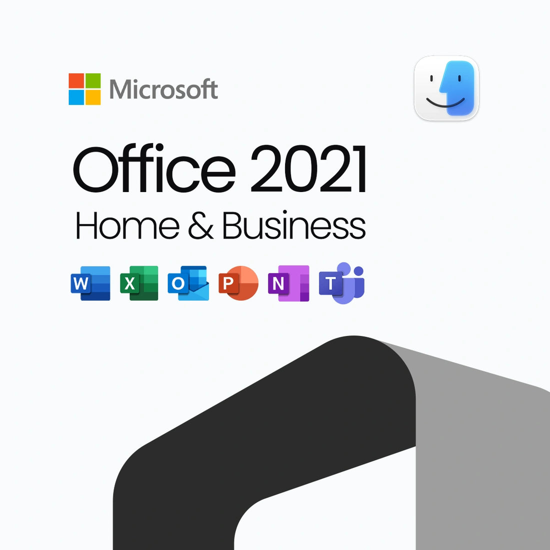 Microsoft Office 2021 Home & Business packaging with logos of Microsoft products on a white background.
