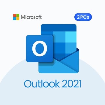 Microsoft Outlook 2021 software package with two PC licenses on a light blue background.