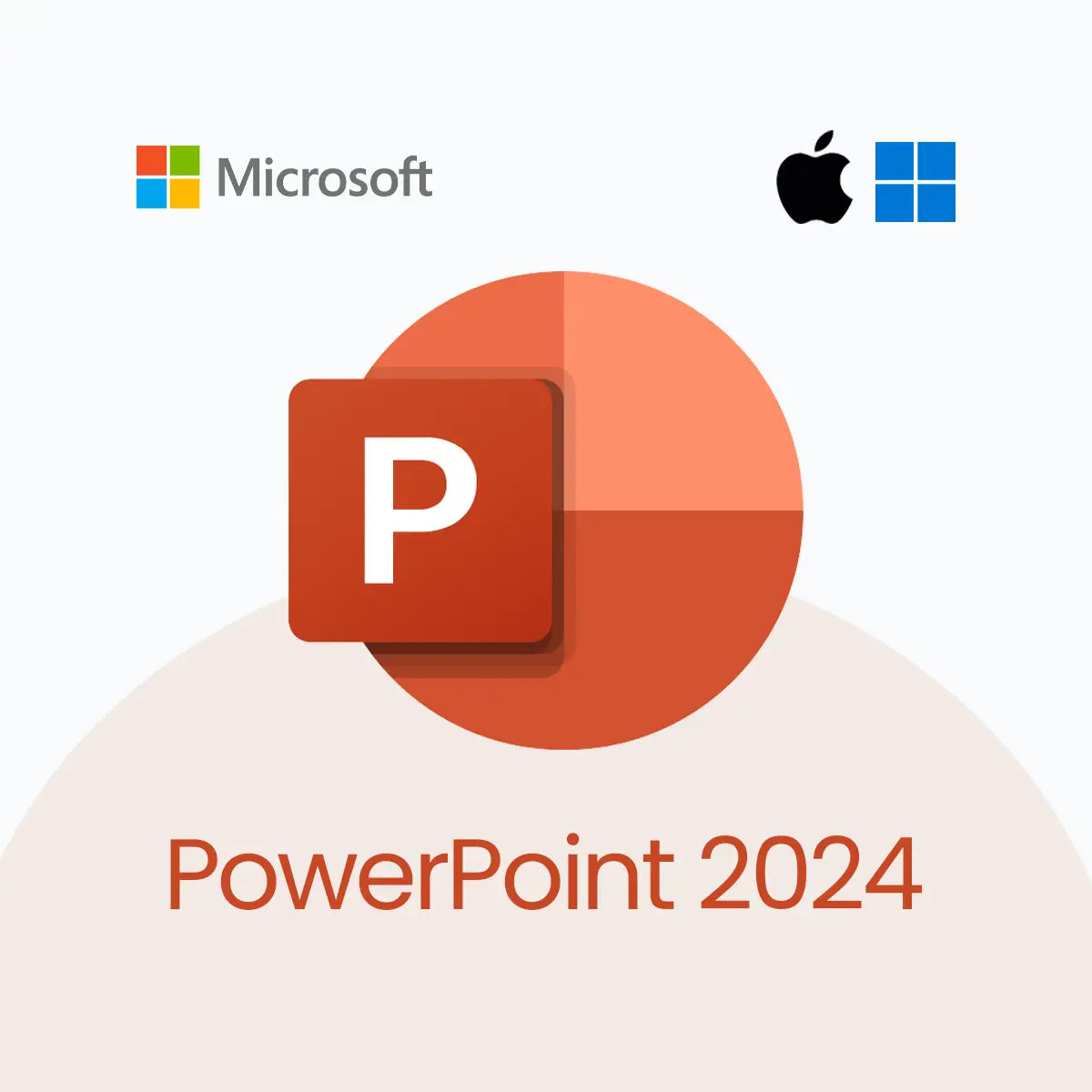 Microsoft PowerPoint logo with Microsoft and Apple logos on a white background