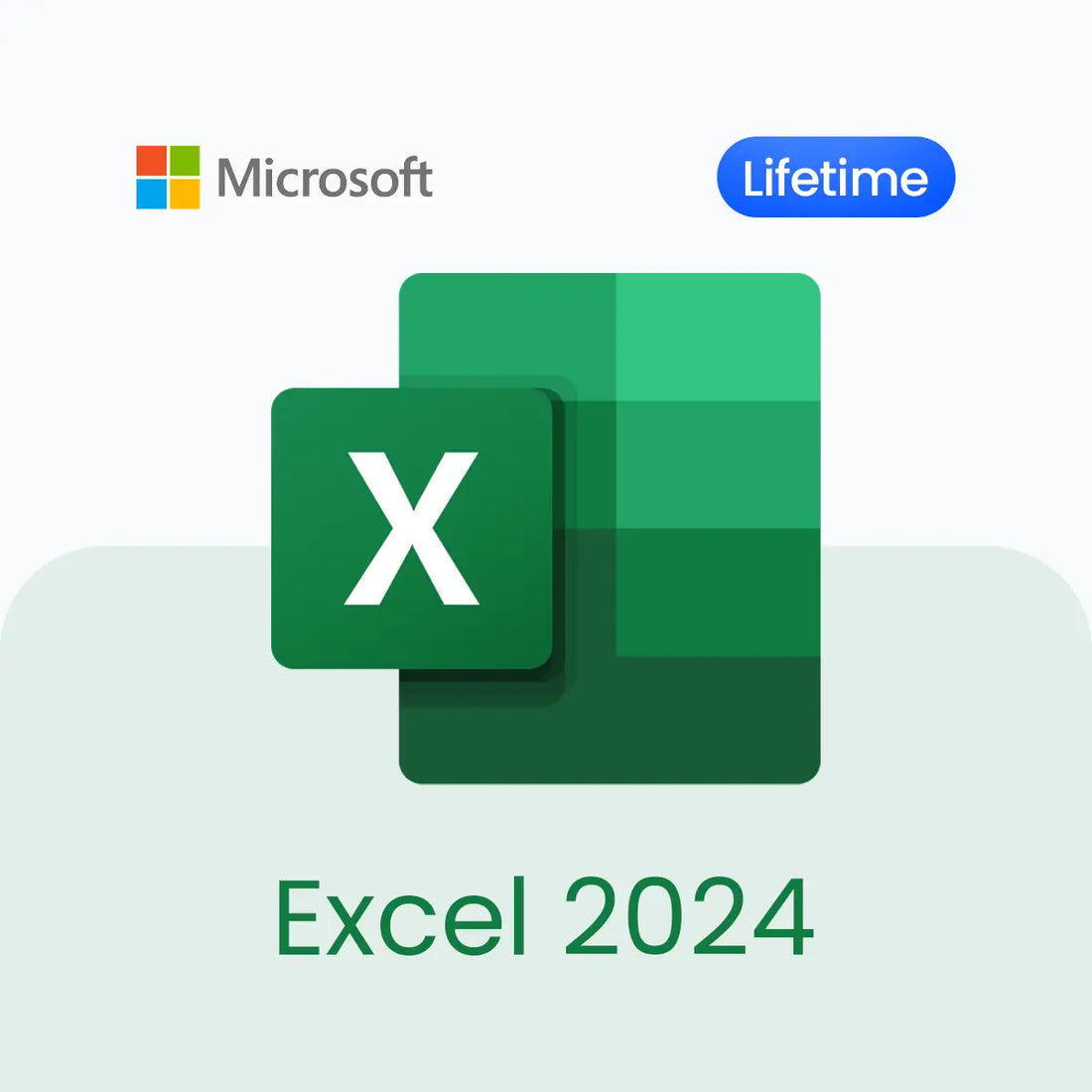 Microsoft Excel 2024 logo with Microsoft logo on a light green background