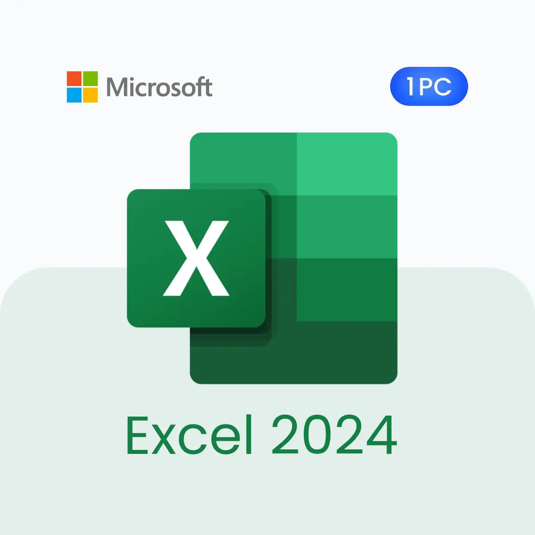 Microsoft Excel 2024 logo with green gradient and '1PC' label on a light gray background