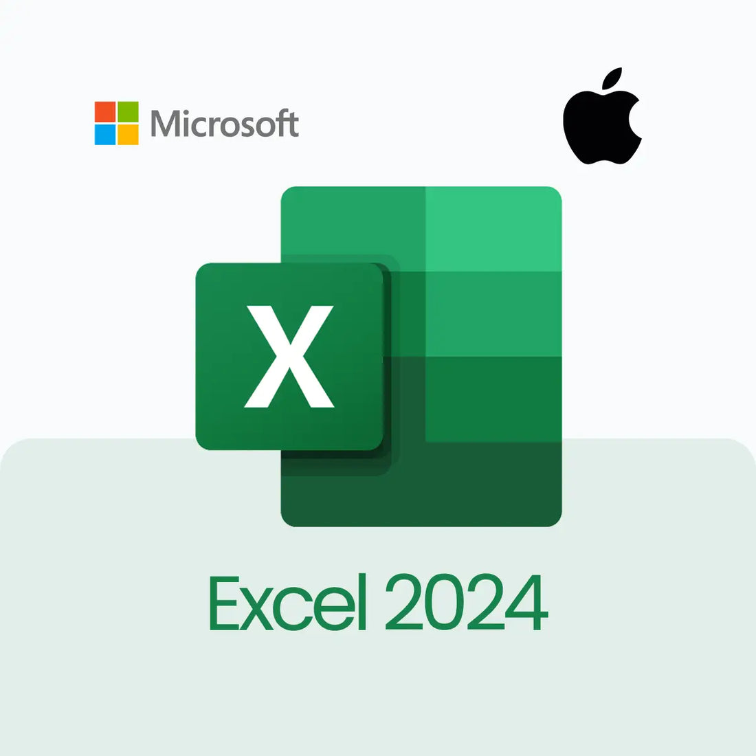 Microsoft and Apple logos with Excel 2024 branding on a light green background