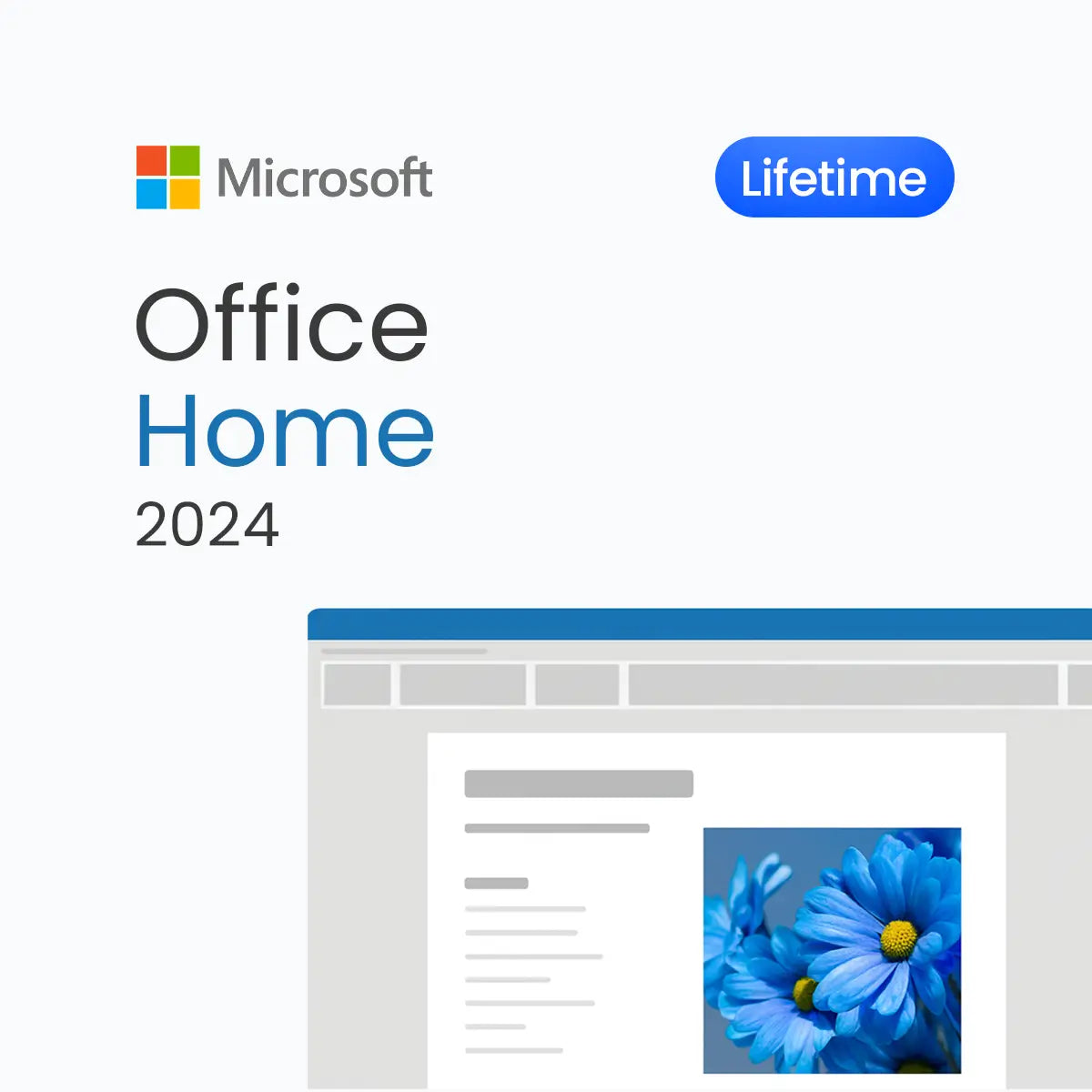 Microsoft Office Home 2024 packaging with a computer screen displaying a blue flower image.