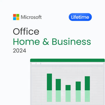 Microsoft Office Home & Business 2024 package with bar graph on a white background