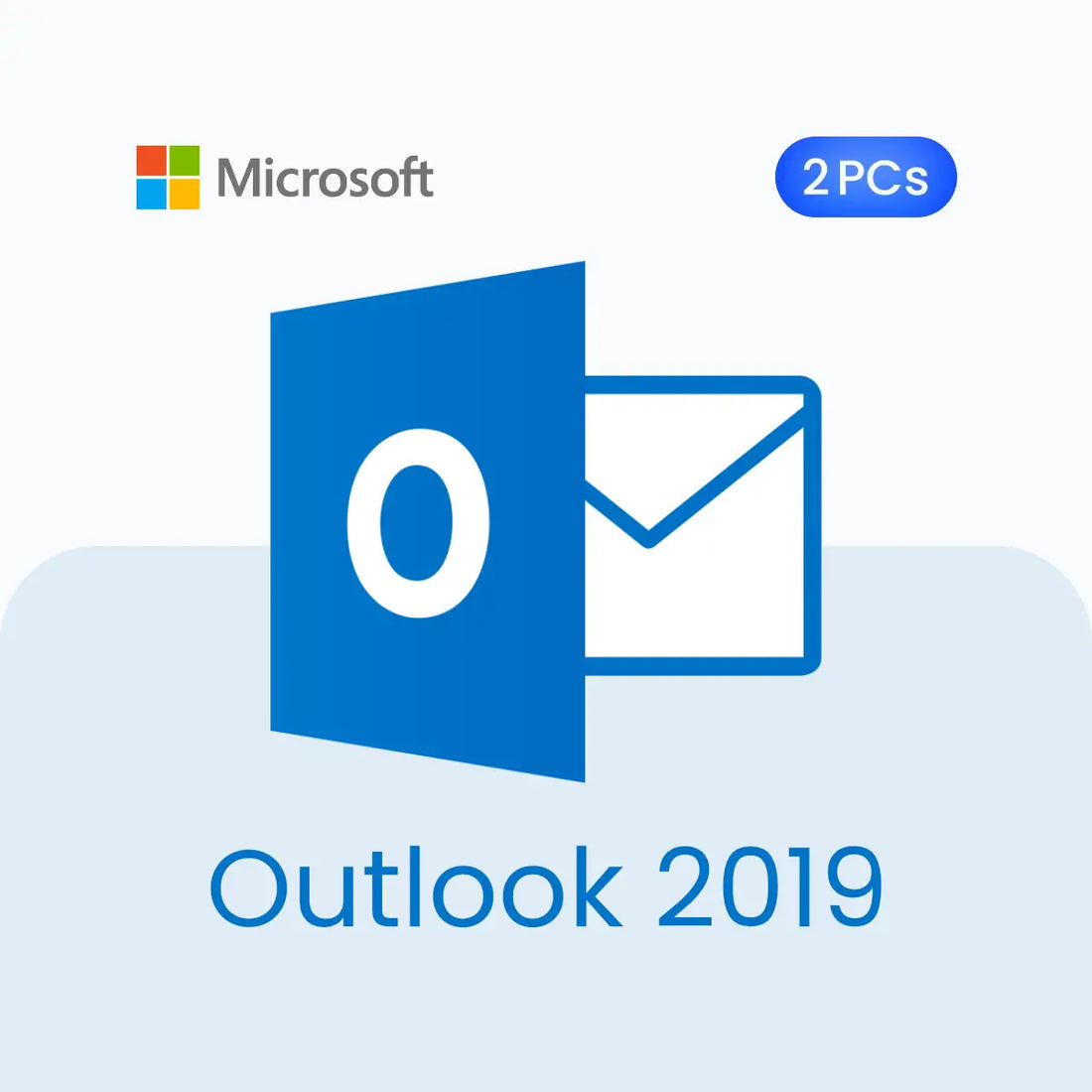 Microsoft Outlook 2019 logo with a blue envelope icon on a light blue background