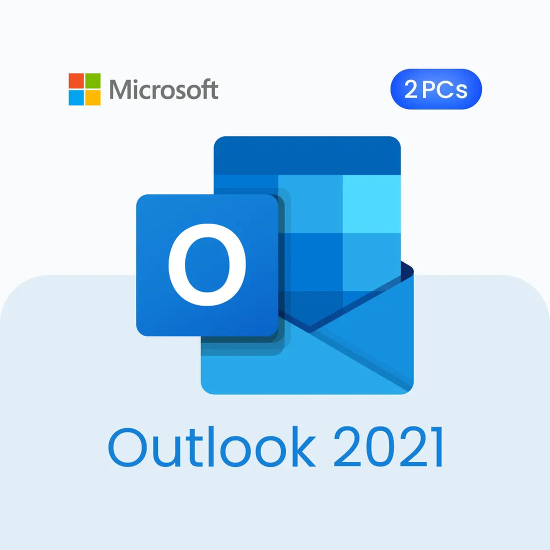 Microsoft Outlook 2021 software package with two PC licenses on a light blue background.