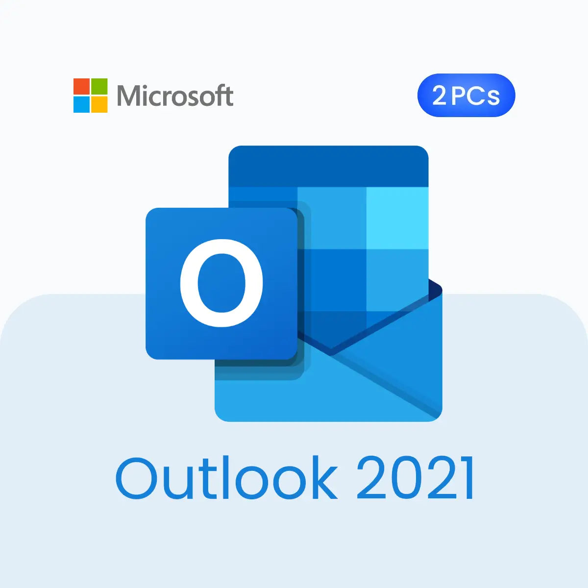 Microsoft Outlook 2021 software package with two PC licenses on a light blue background.