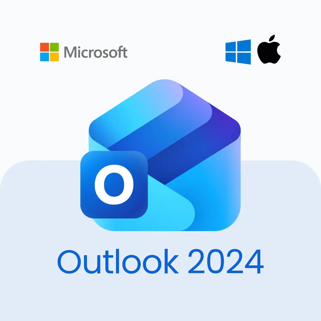 Outlook 2024 logo with Microsoft and Apple logos on a light blue background