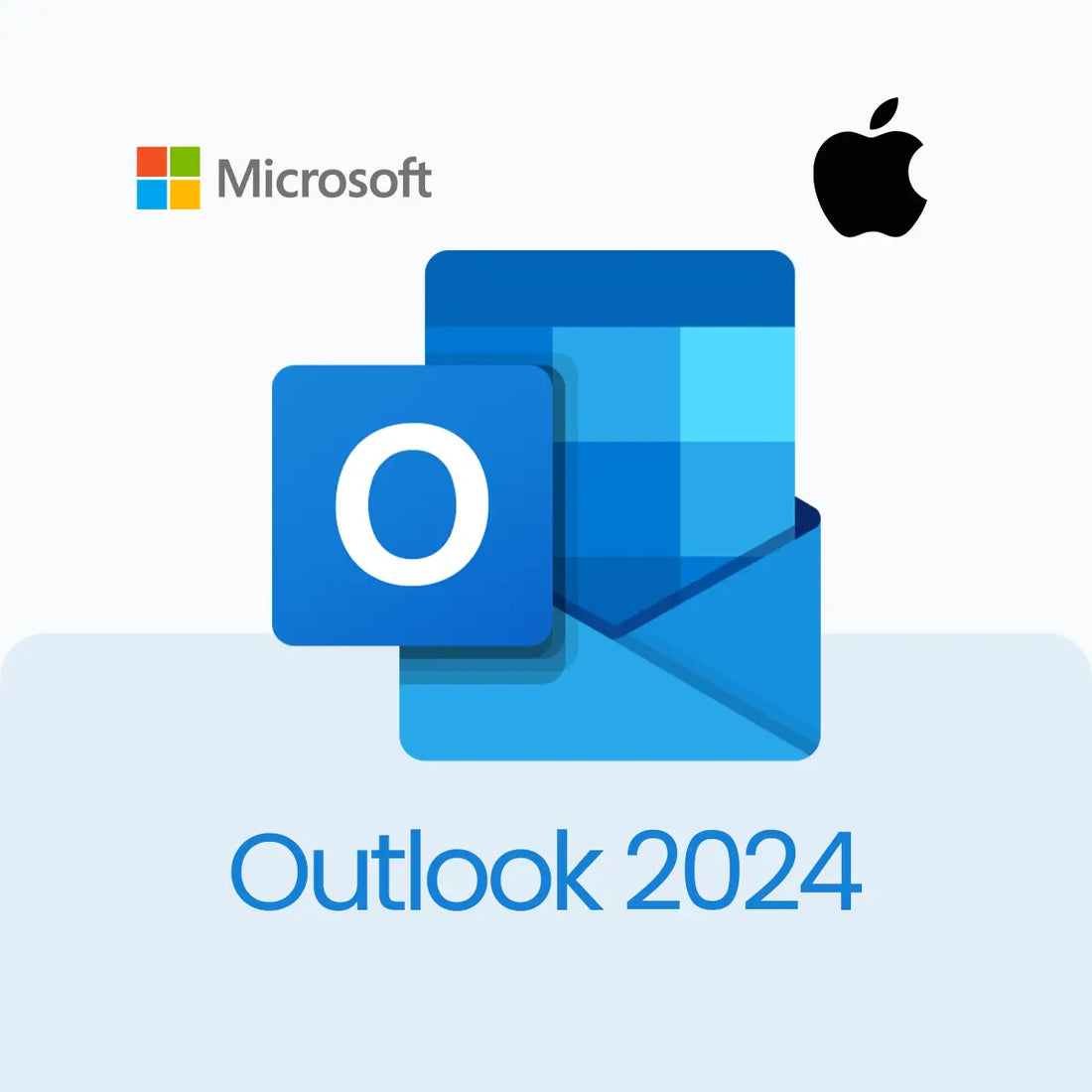 Microsoft Outlook 2024 logo with Microsoft and Apple logos on a light blue background