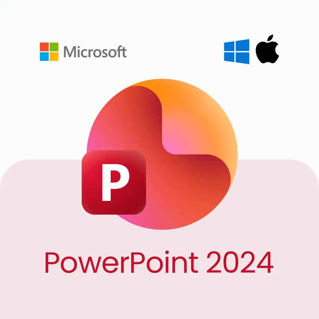 Microsoft PowerPoint 2024 logo with Microsoft, Apple, and Windows logos on a white background.
