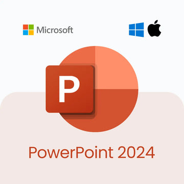 Microsoft PowerPoint 2024 logo with Microsoft, Apple, and Windows logos on a white background.