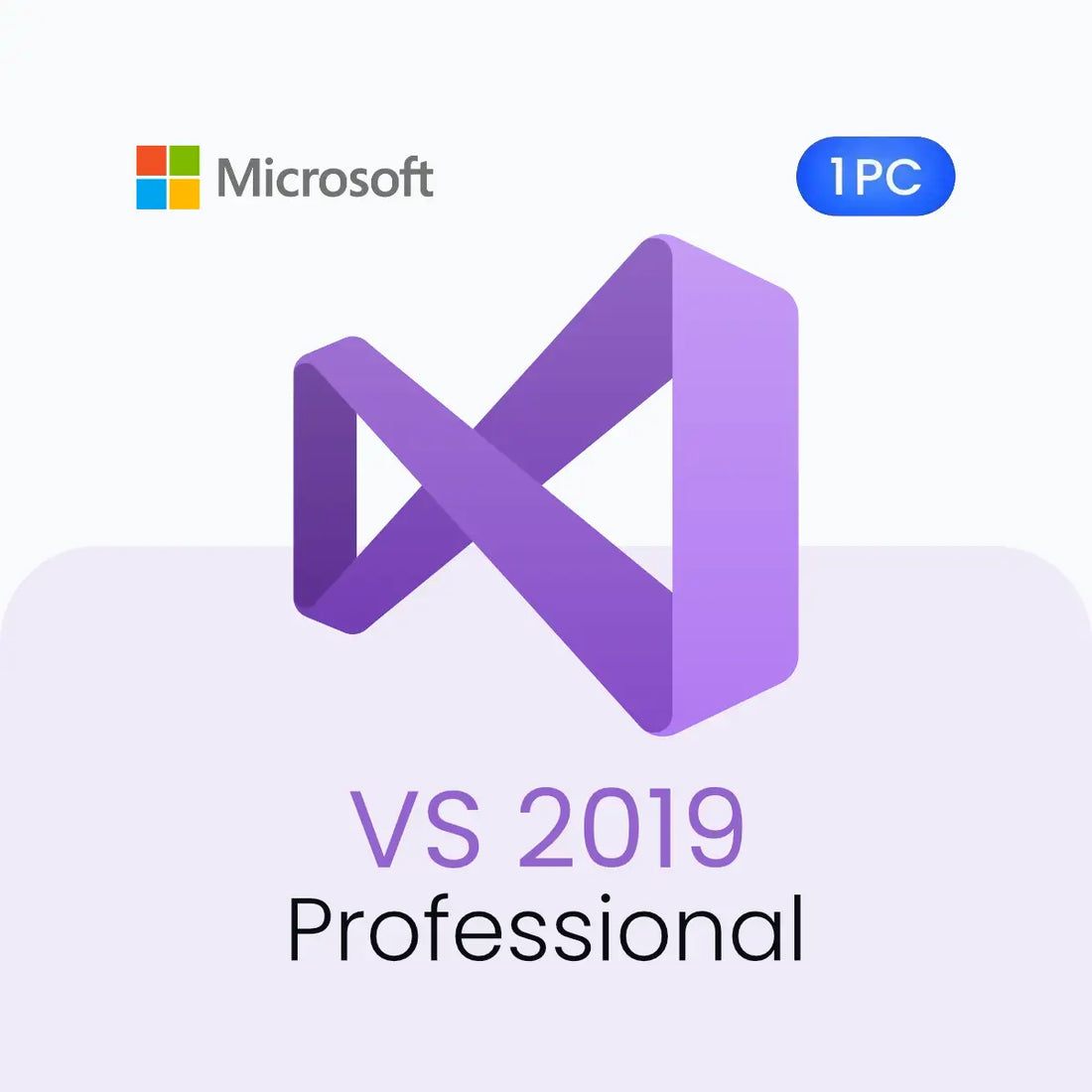 Microsoft Visual Studio 2019 Professional logo with Microsoft logo on a light purple background