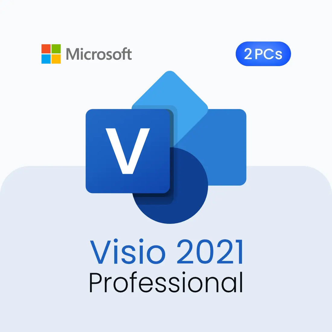 Microsoft Visio 2021 Professional software package with two PC licenses on a light blue background.