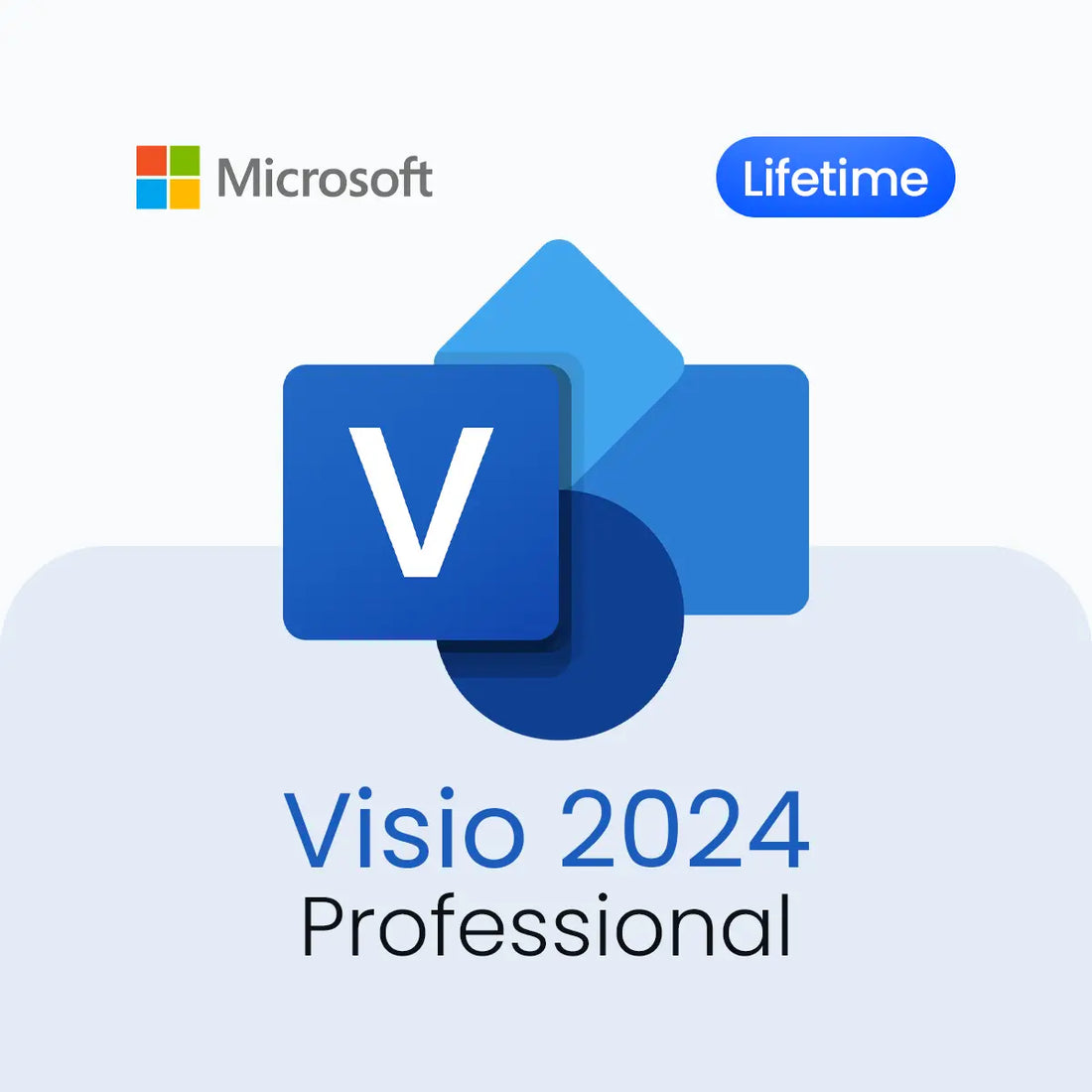 Microsoft Visio 2024 Professional software package with a lifetime license on a light blue background.