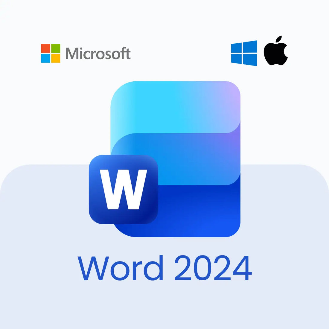 Microsoft Word 2024 logo with Microsoft and Apple logos on a light blue background