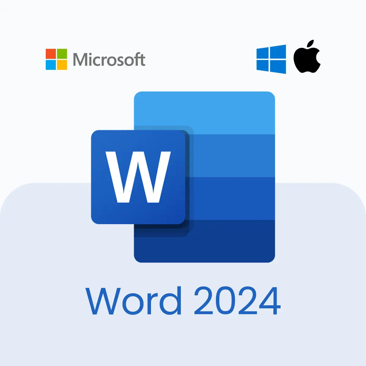Microsoft Word 2024 logo with Microsoft and Apple logos on a light blue background