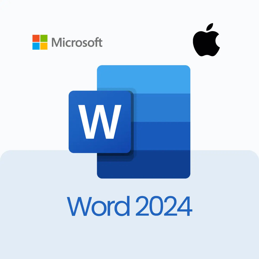 Microsoft Word logo with Apple logo on a light blue background