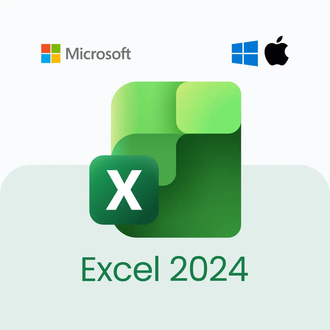 Microsoft Excel 2024 logo with Microsoft, Apple, and Windows logos on a light gray background