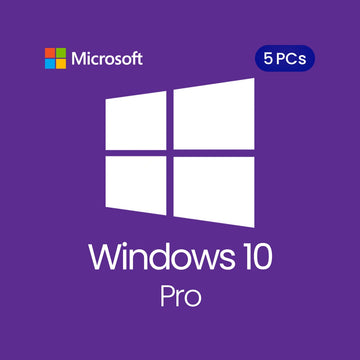 Microsoft Windows 10 Pro license for 5 PCs on a purple background