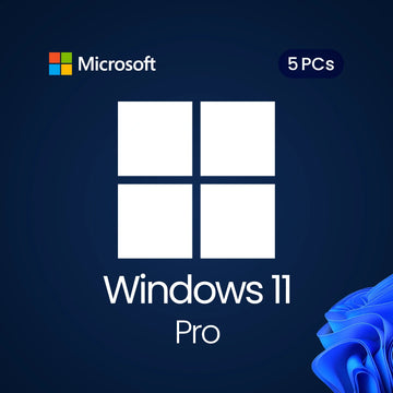 Microsoft Windows 11 Pro license for 5 PCs on a dark blue background