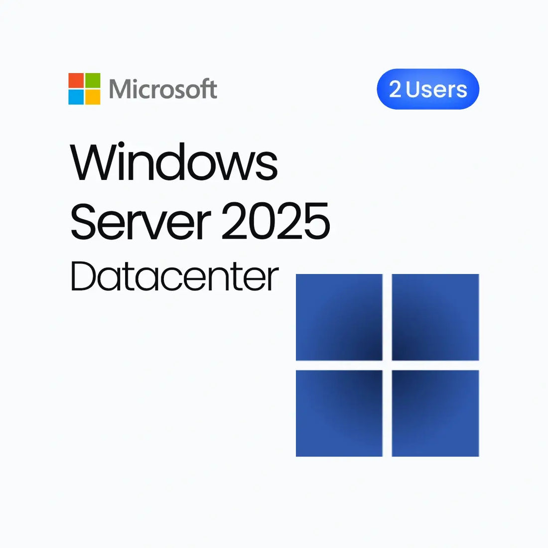 Microsoft Windows Server 2025 Datacenter logo with blue squares on a white background